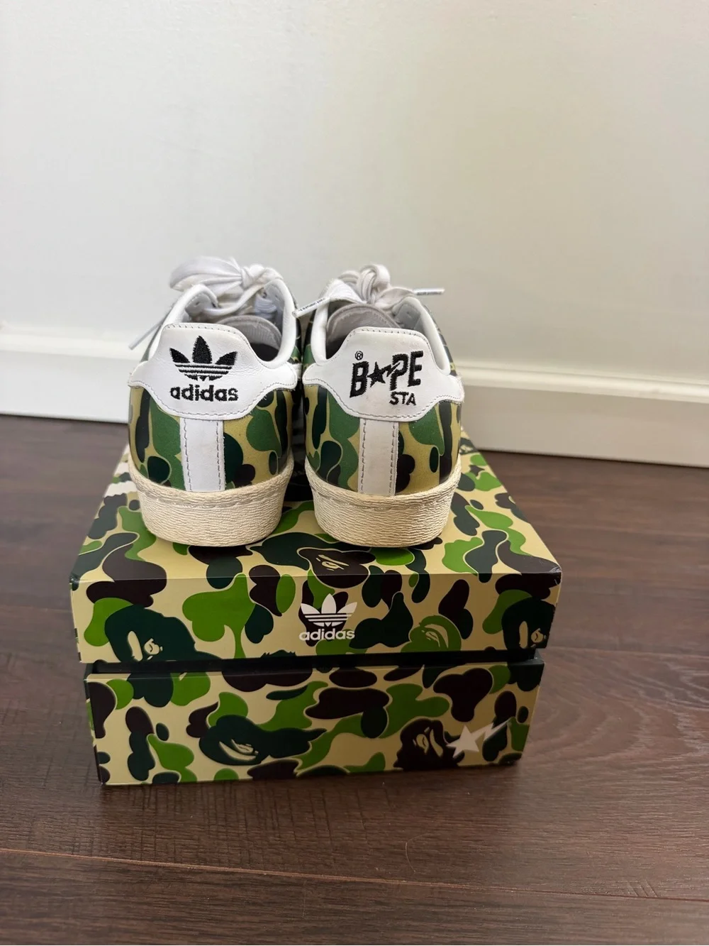 Bape x Adidas Green Camo Superstar Sneakers with White Star